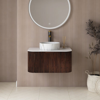 30" Wall Mounted Floating Curved Edges Striped Storage Cabinet Bathroom Vanity With Sink