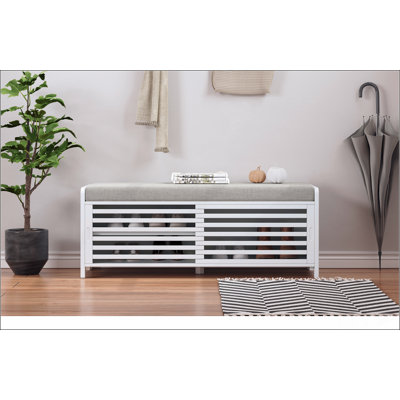 Distressed Shutter Storage Bench with Acacia Veneer for Retro Charm for Living Room, Entryway ()