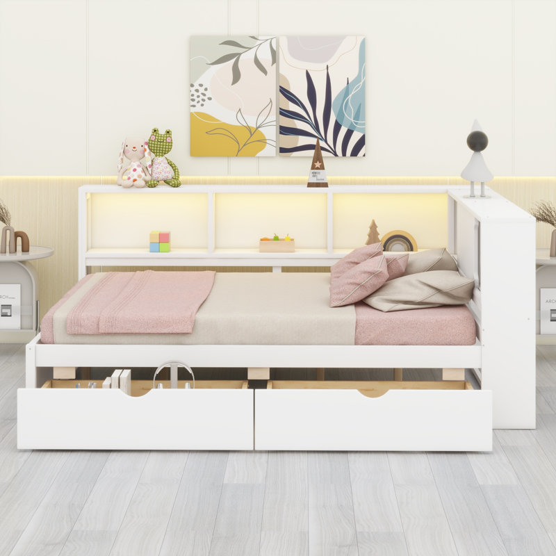 Lit de jour moderne en bois avec tablettes intégrées, charge USB, lumières DEL et 2 tiroirs de rangement, Blanc