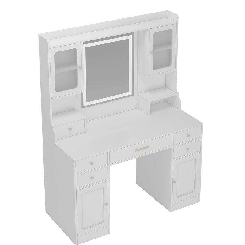 Grande coiffeuse, bureau de coiffeuse élégant avec grand miroir et lumières, coiffeuse de maquillage avec prise de courant pour la chambre à coucher, blanc