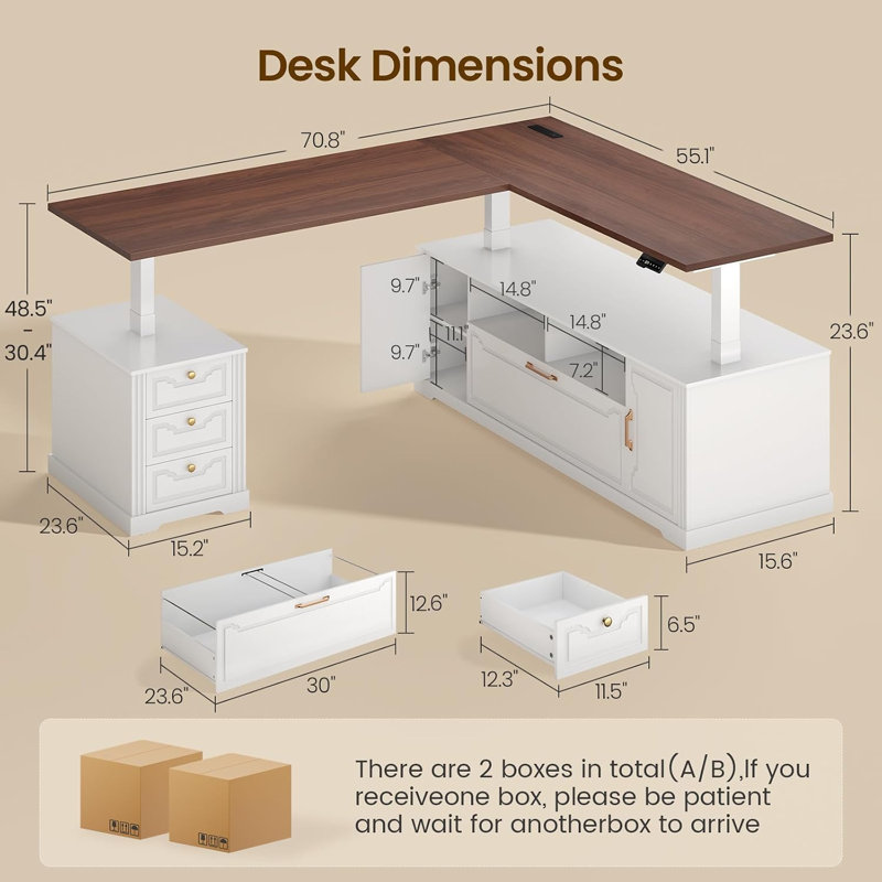 Bureau de direction électrique en L réglable en hauteur avec 4 tiroirs, 180 x 140 cm, avec armoire de rangement et prise électrique. Blanc.