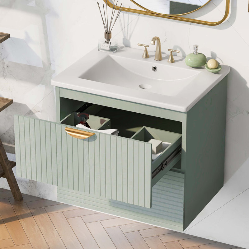 Green and White Wall-Mounted Single Bathroom Vanity with Gold Handles