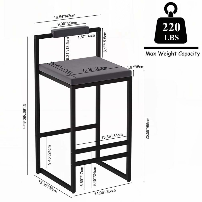 Tabourets de bar à hauteur de comptoir en velours avec dossier bas, Siège gris / cadre noir