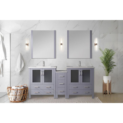 Double Bath Vanity, 72 In. Width, Dark Grey Finish, Side Cabinet, White Ceramic Top, Faucet Included, Soft - Closing Feature, Two Interior Cabinets And Seven Drawers For Abundant Storage, Stain