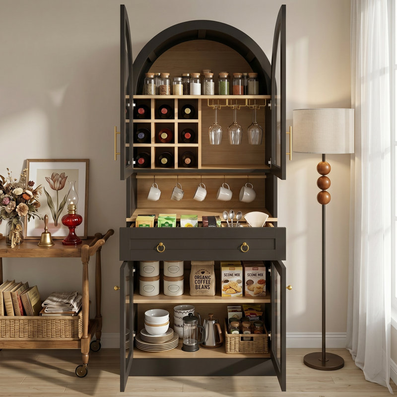 Armoire à vin 70 po de haut style Mid-Century arquée, bar à café avec portes réglables en verre trempé et porte-bouteilles
