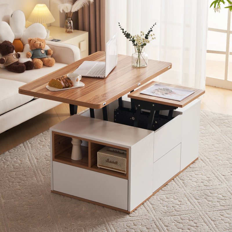 Adalin Lift Top Solid Coffee Table with Storage, Natural Wood, White
