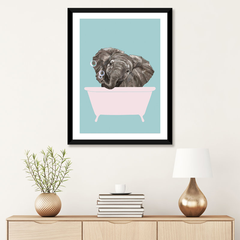 «Baby Elephant in Bathaign» par Big Nose Work - impression d'art graphique, H 32 po x l 24 po x P 1 po, Papier encadré noir