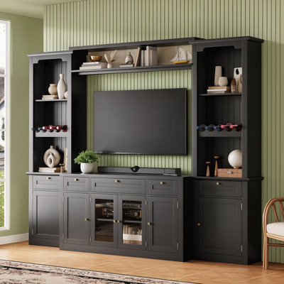 104.44" TV Stand for TVs Up to 70", TV Modern Entertainment Center Wall Unit with Built-in Wine Rack, Glass Doors