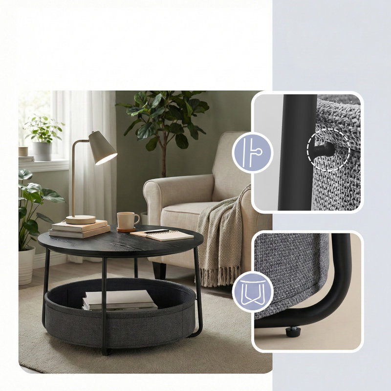 Round Center Table With Fabric Basket, Black/Gray