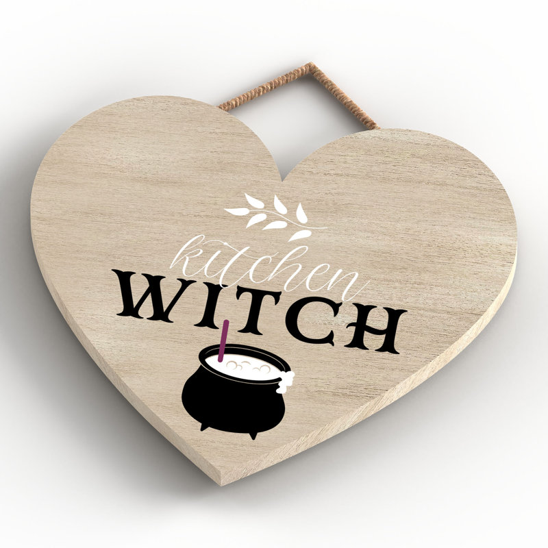 Kitchen Witch Wooden Heart Plaque, 16cm H x 17cm W x 0.9cm D, Brown