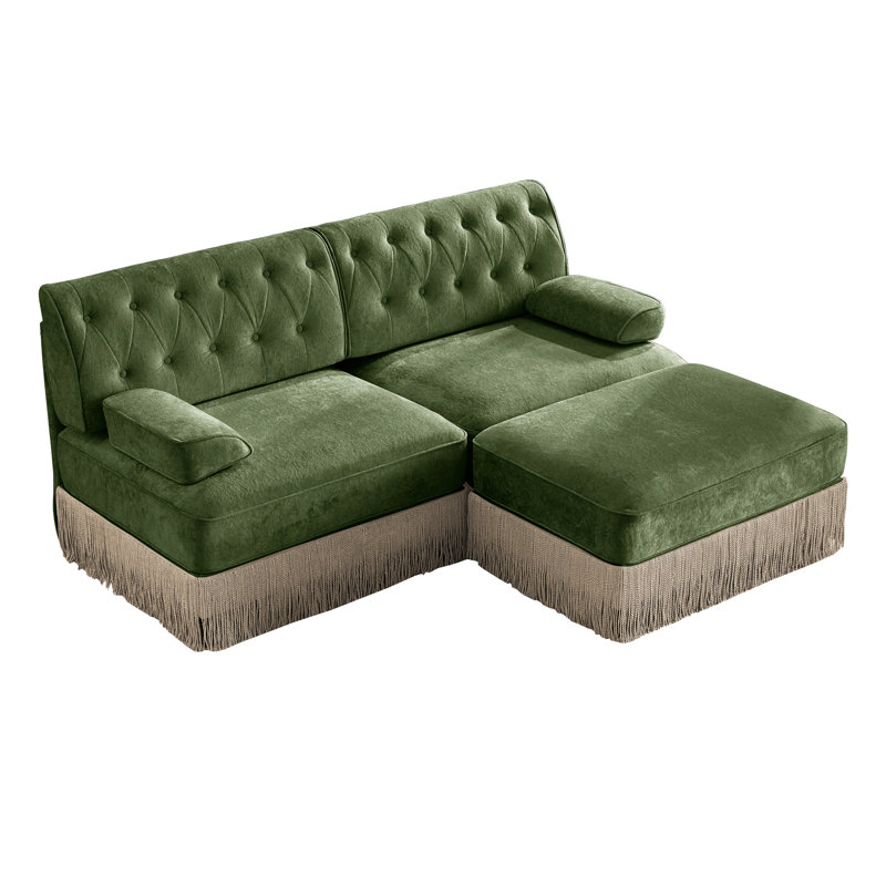 76.6" Velvet Upholstered Chesterfield Sectional Sofa with Tassel Fringe Skirt and a Movable Ottoman, Green Velvet
