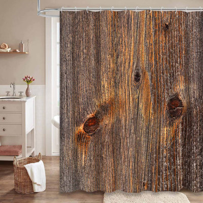 Rustic Wooden Board Branch Abstract Aged Brown Dark Waterproof Shower Curtain with 12 Hooks