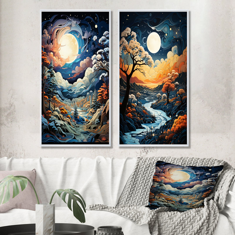 «Dreamy Snowscapes Winter Scenery - Snow», ensemble de 2 reproductions d'art mural, Cadre flottant blanc, H 40 po x l 41 po