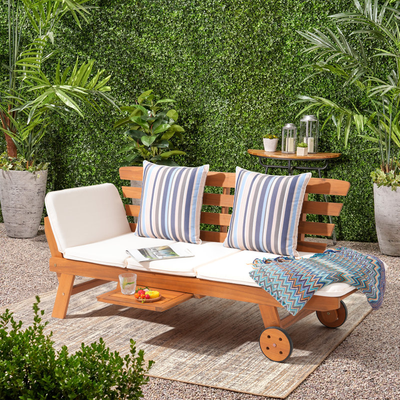 Lit de jour d'extérieur pliable 75,2 po Acacia avec coussins et roulettes amovibles, Beige