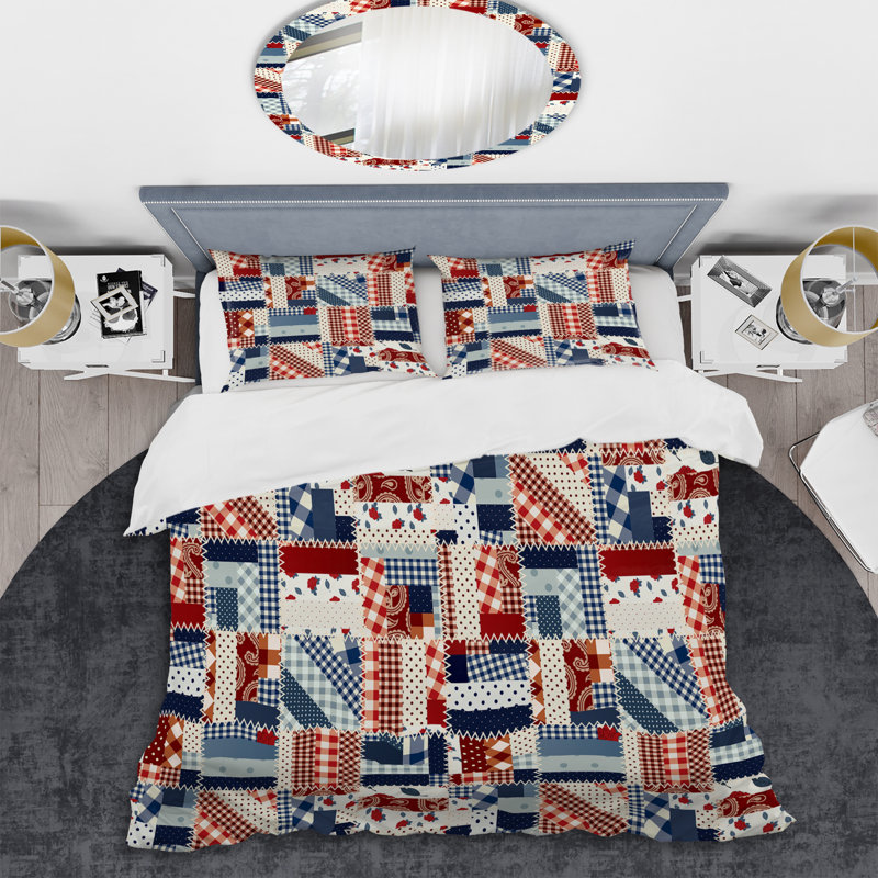 Patchwork bleu et brun - ensemble de housse de couette abstrait - microfibre de polyester