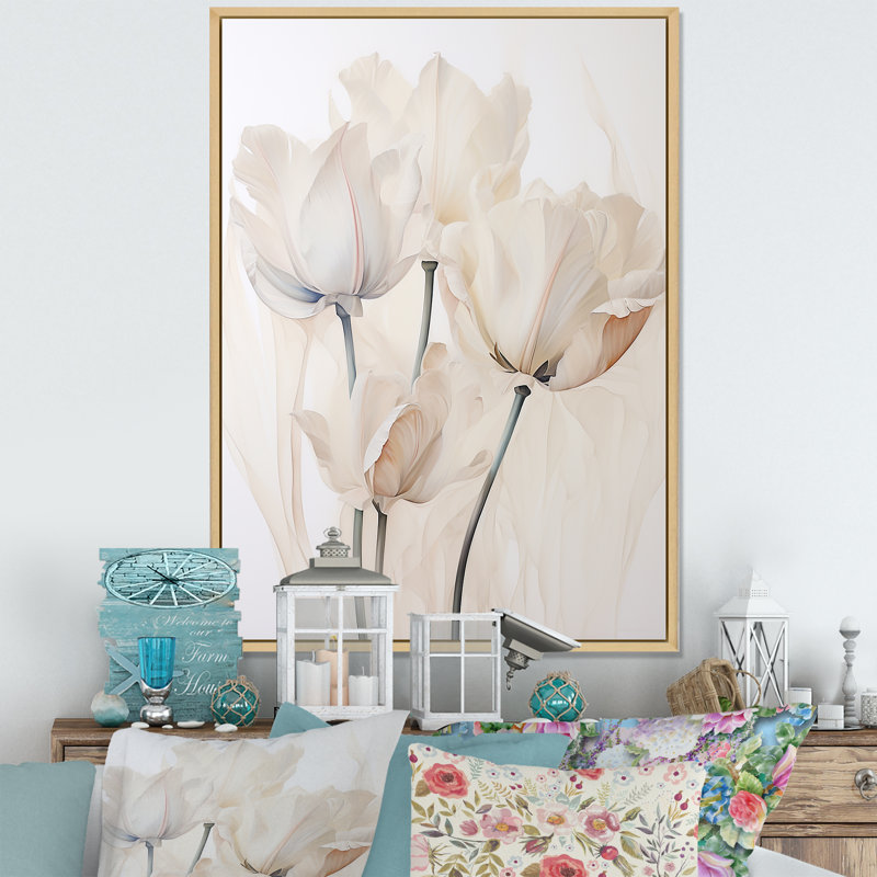 «Minimalisme beige tulipes symphonie I sur toile», Cadre naturel flottant, H 20 po x l 12 po x P 1 po