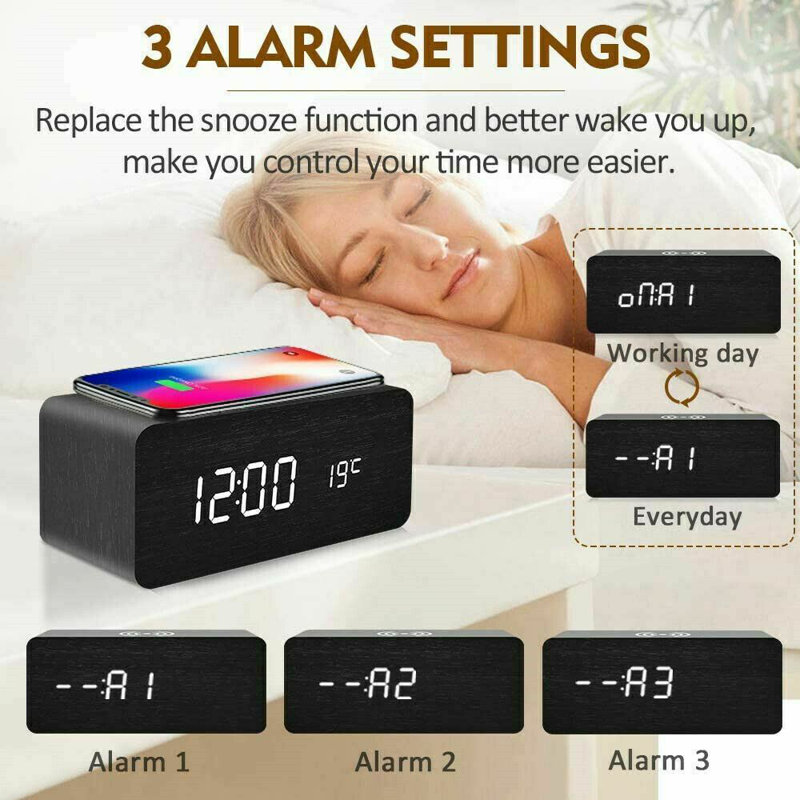 MDF Electric Tabletop Clock in Black and White with Alarm