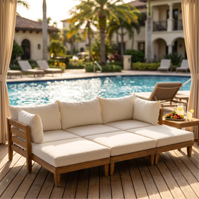 Ensemble de canapé d'extérieur en bois d'acacia de 6 pièces l 96,3 po avec 5 coussins et 6 coussins pour le jardin, le bord de la piscine, Graden, l'intérieur, le teck clair et le coussin beige