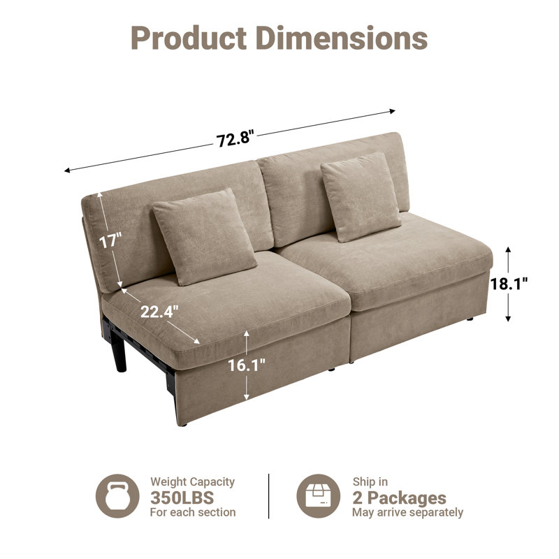 Canapé modulaire sans accoudoirs 2 pièces 72,8 po, Kaki