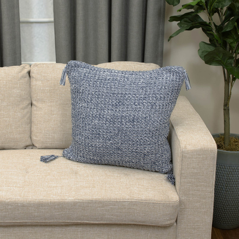 Tassels Cotton Throw Pillow, Blue