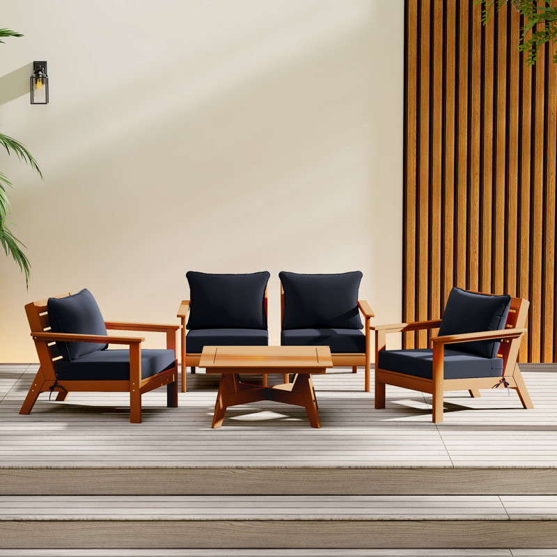 5-Piece Deep Seating Set, Teak, Navy Blue