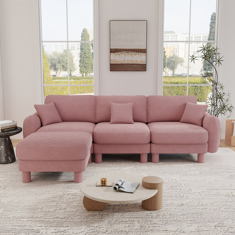 Canapé rembourré 3 places avec repose-pieds mobile Modern Boucle, Pink