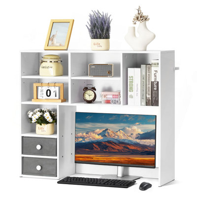 Bibliothèque de bureau, organisateur de rangement de bureau à 3 niveaux, étagère de rangement en bois 37 po x 10 po x 31,1 po, huche de bibliothèque de bureau avec deux tiroirs en tissu, pour bureau, maison et dortoir, blanc
