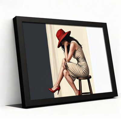 Woman In Beige Dress And Red Hat Sitting On Stool Canvas Wall Art