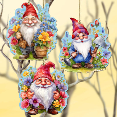 Ensemble de 3 ornements décoratifs en bois Garden Gnomes par G. Debrekht