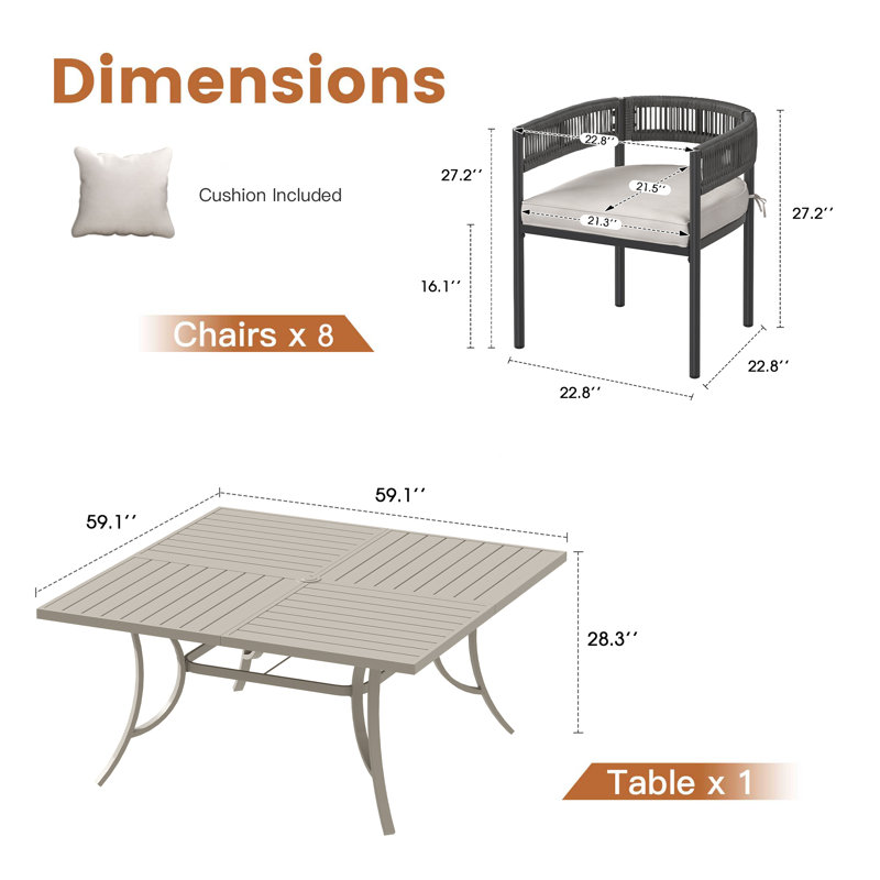Ensemble de salle à manger pour 8 personnes avec table de salle à manger 59 "et 8 chaises en rotin avec coussins et coussins