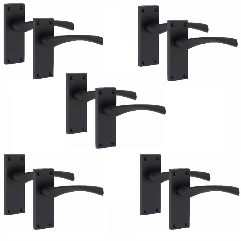  5 Pairs Victorian Scroll Astrid Door Handles Latch in Matt Black Finish - 120mm x 40mm Backplate