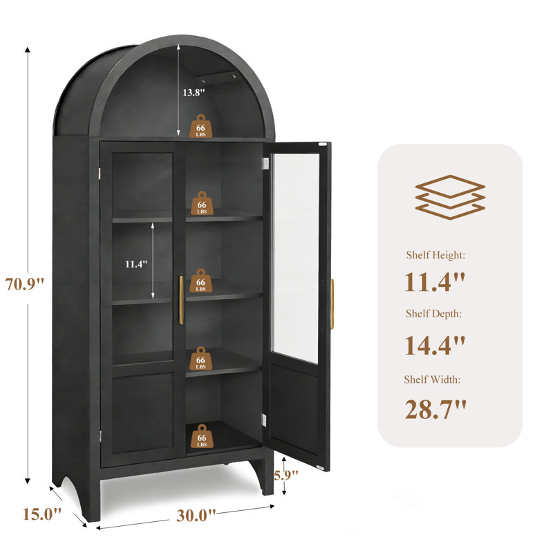 71" Tall Arched Wooden Display Cabinet with Doors, Black