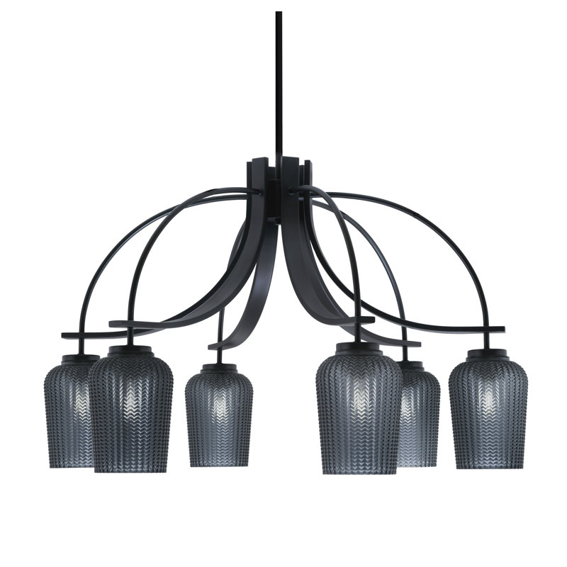 Lustre Cavella Light, en verre texturé fumé de 5 po, Noir mat, H 19 po x l 29,25 po x P 29,25 po, 6