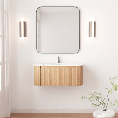 Arcora 36 Inch Wall Mounted Bathroom Vanity With Cararra Artificial Marble Countertop, Ceramic Sink, Curved Design With Stripe, Pre-Assembled