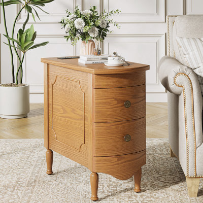 Table de bout avec station de charge, table d'appoint étroite avec 2 tiroirs, table d'appoint en bois pour le salon