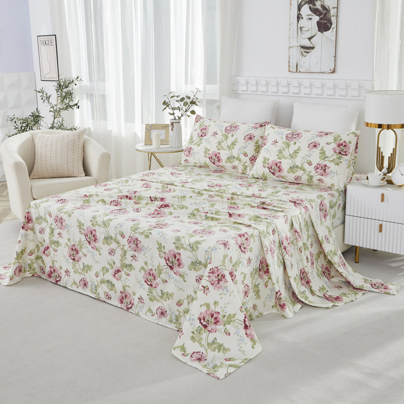 Ensemble de draps 100% coton égyptien, ensemble de literie 4 pièces 800 fils à floraison rose et vert Shabby Chic, pour chambre d'amis toutes saisons