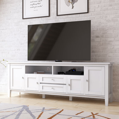 Warm Shaker 72"W Solid Wood Transitional TV Stand for TVs up to 80" with 4 Cabinets, 1 Drawer, and Flip-Down Compartment