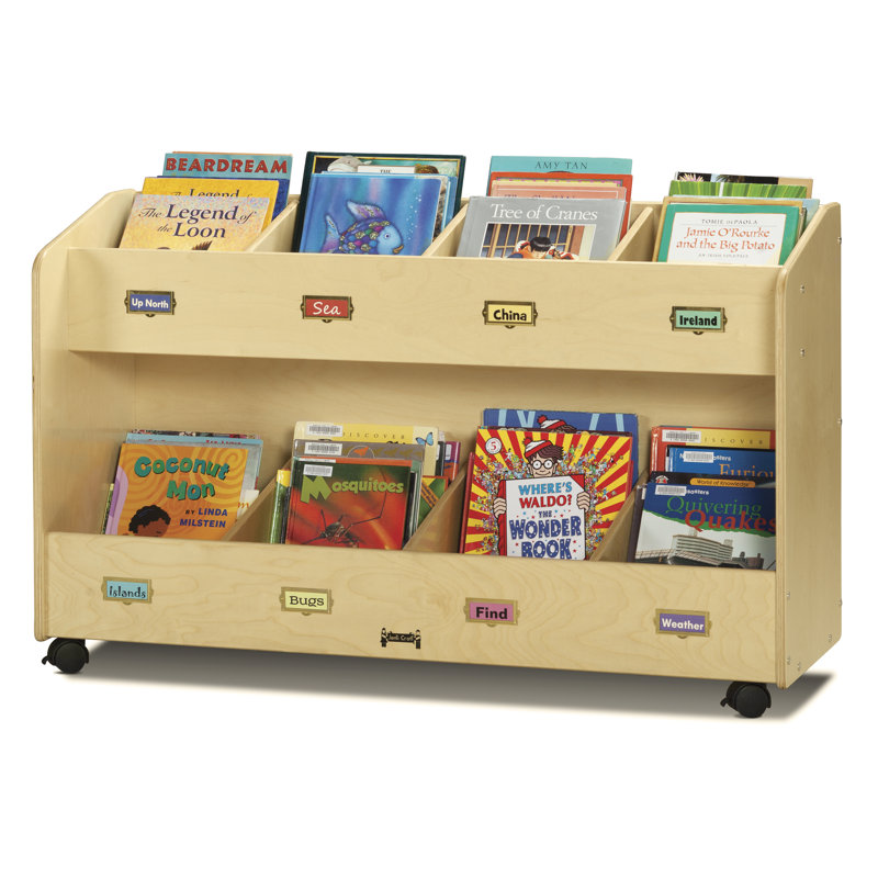 Natural Wood Mobile 8-Section Book Organizer with Casters