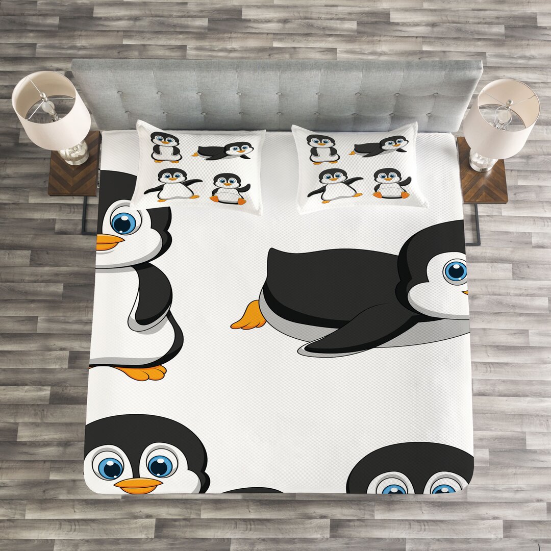 Gestepptes Bettdecken-Set, Penguin Cartoon-Spaß, Baby, Schwarz Blau Orange