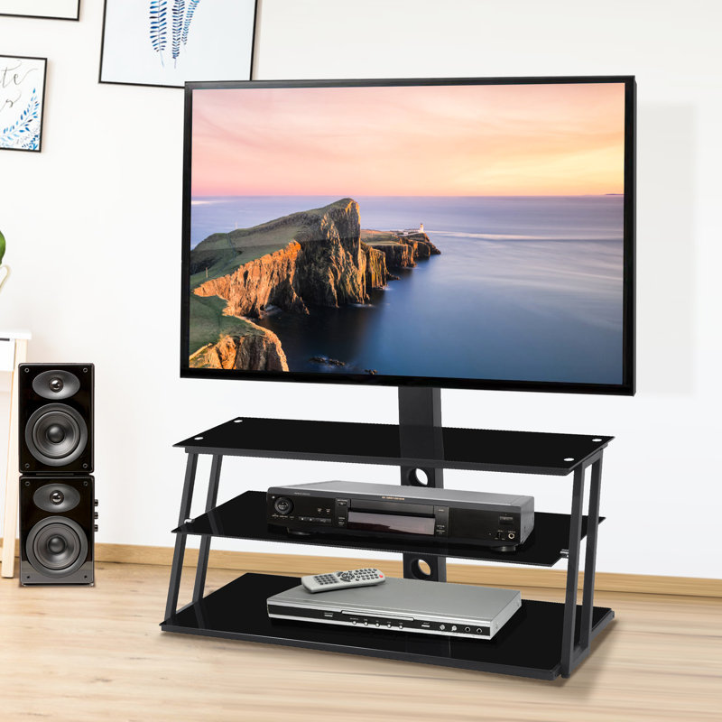 Meuble télé pivotant en verre noir pour téléviseur de 32 à 65 pouces avec construction et rangement pratiques