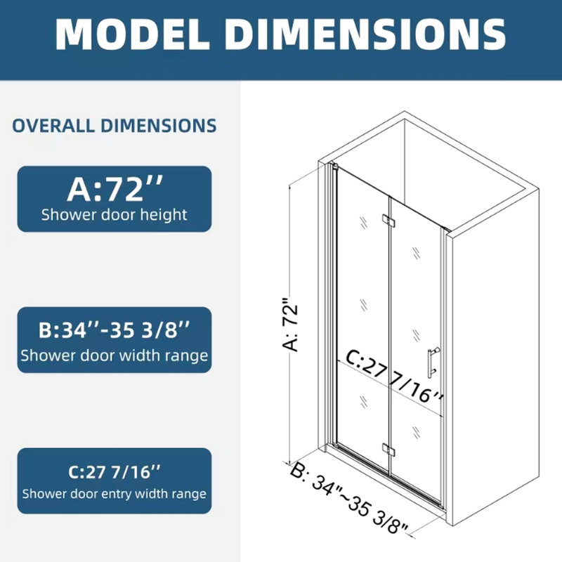1 3/8" Adjustable Universal Pivot Shower Door - 1/4" Tempered Glass, Matte Black, 36000 Times Open And Close Studied, Leak- Function Glass Adjustable, Checked, Leak