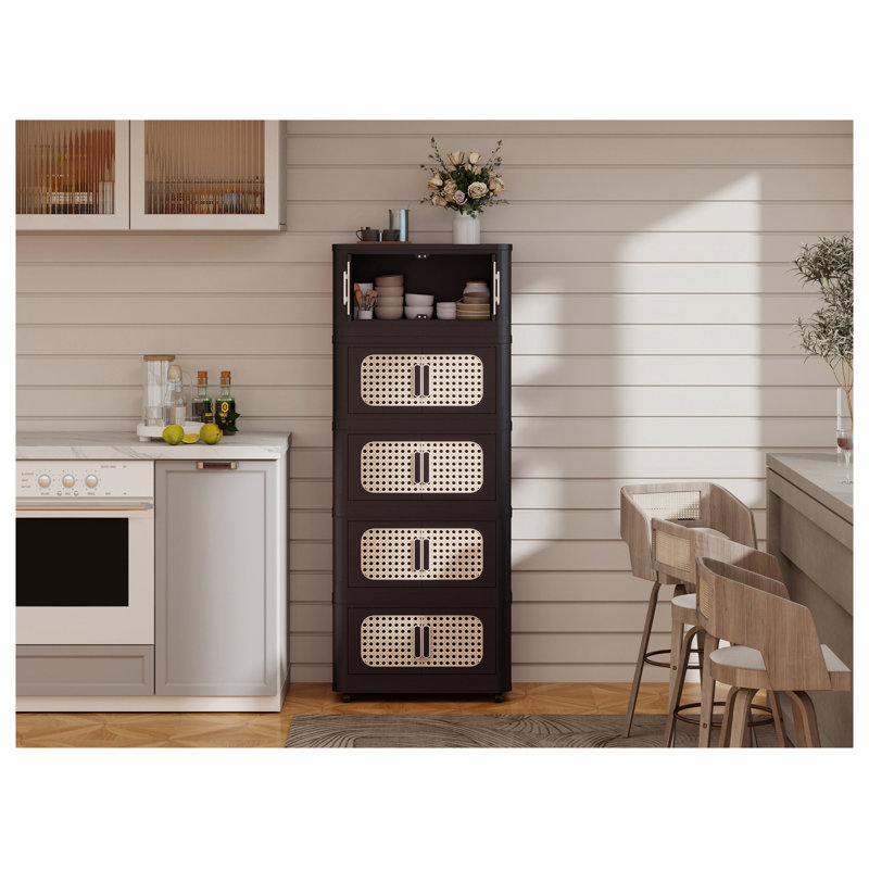 Retro Brown 5-Tier Folding Storage Cabinet with Wheels, Collapsible Plastic Storage Cabinet with Magnetic Door for Garage, Living Room Organization