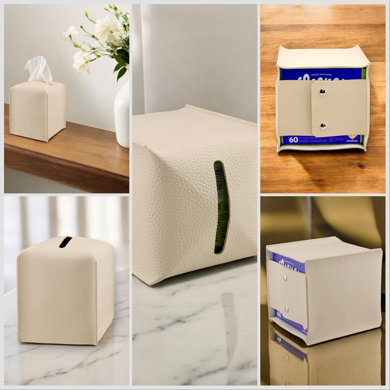 PU Leather Tissue Box Cover for Elegant Home Decor, Light Beige