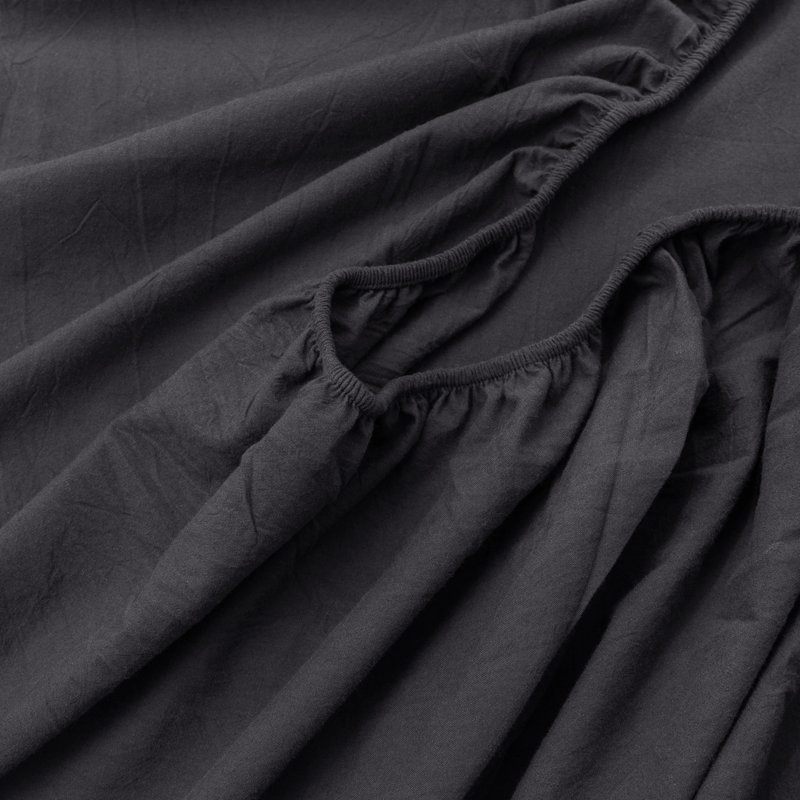 BESTOUCH Fitted Sheet 100% Washed Cotton Linen Feel Easily Fits Deep Pockets, Deep Black, Queen Fitted Sheet