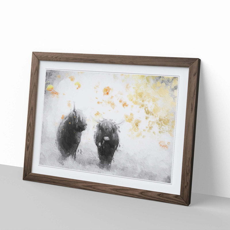 Two Highland Cows in Abstract - Framed Print, Walnut Framed, 36cm H x 48cm W x 2cm D