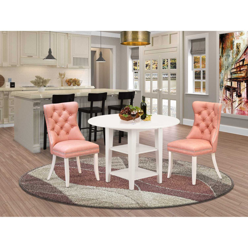 3-Piece Linen White Finish Round Solid Wood Top With Dropleaf Dining Table Set, Pink