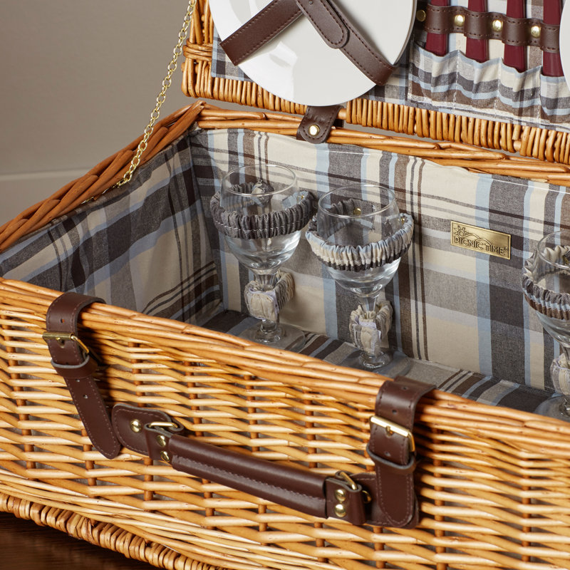 Newbury Wicker Picnic Basket with Navy and Burgundy Plaid Interior