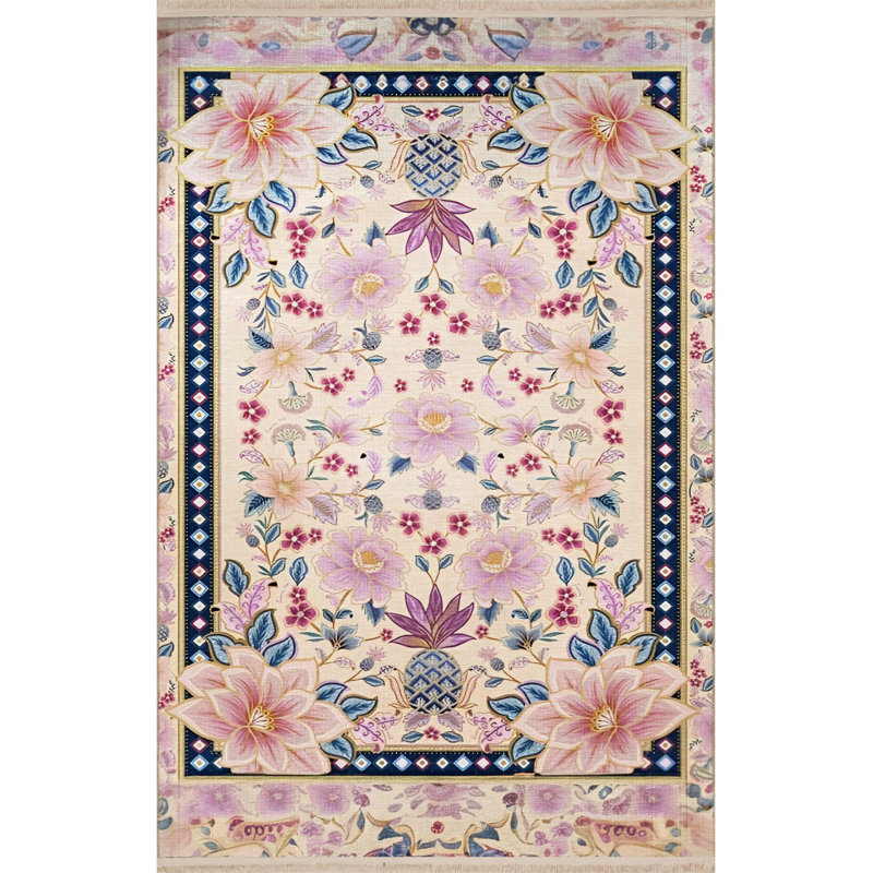 Tapis rose lavable à la machine à motif floral multicolore, Sous-tapis rectangulaire 4 pi 7 po x 6 pi 7 po inc