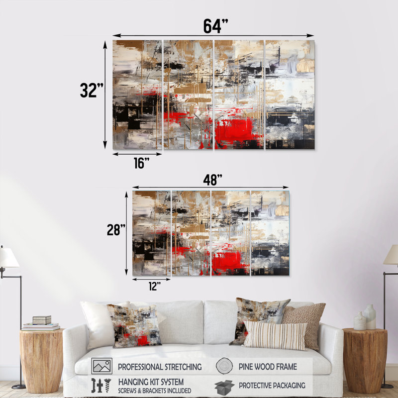 «Red Gold Abstract Minimalisme - Art mural géométrique», 4 pièces, H 28 po x l 48 po
