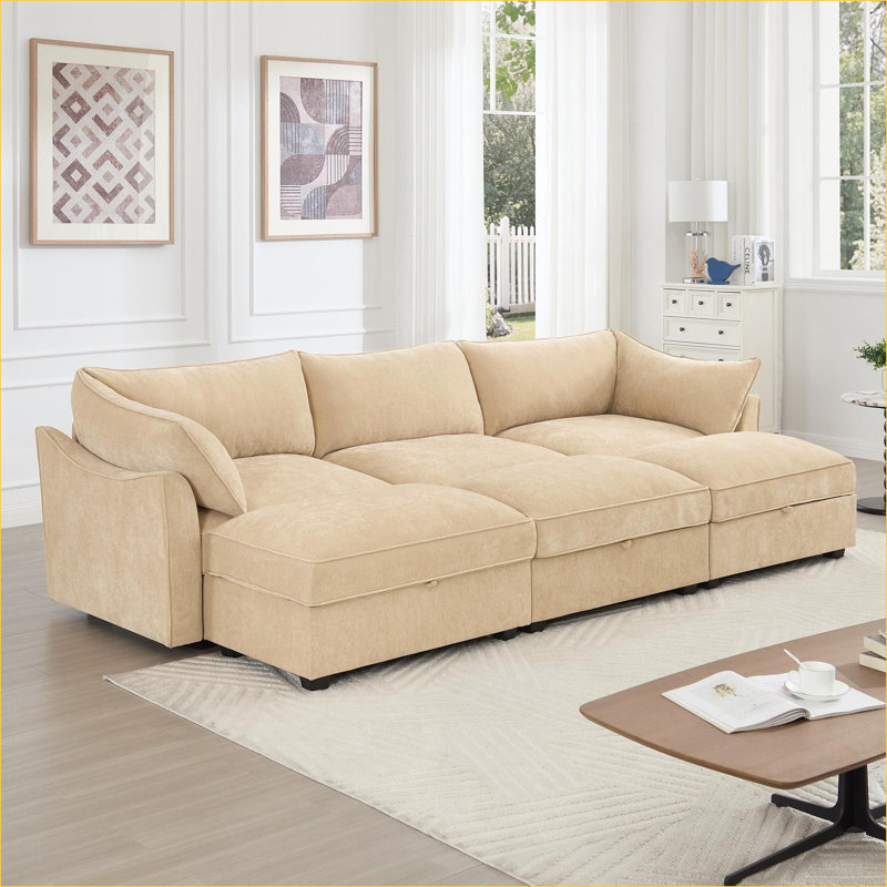 Canapés modulaires | Canapé de rangement moderne 3 places avec 3 repose-pieds pour le cinéma maison | Chenille | Blé